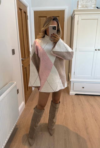 FREYA Oversized High Neck Argyle Jumper Dress In Marshmallow