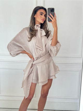 ELEANOR Long Sleeved Chiffon Bow Draped Mini Dress In Nude