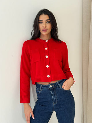 AYLA Knitted Button Detail Cardigan in Red