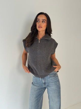 GRACE Sleeveless Zip Up Knitted Collar Gilet In Grey