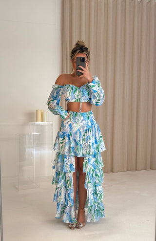 CANNES Ruffle Floral Print Co-ord in Blue