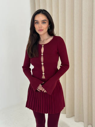 MATILDA Ribbed Knit Long Sleeved Button Top & Pleated Skirt Co-ord In Burgundy