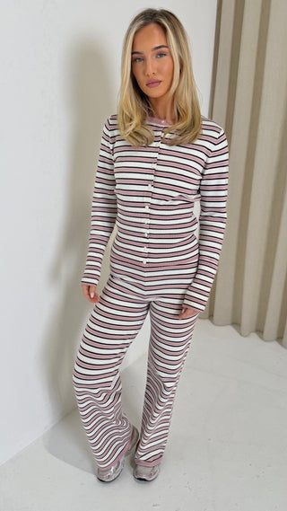 EVERLY Knitted Button Cardigan & Wide Leg Trouser Lounge Set In Strawberry Swirl - PRE ORDER