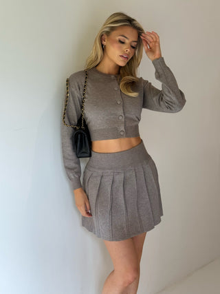MABEL Knitted Long Sleeved Button Up Cardigan & Pleated Skirt Co-Ord In Mink