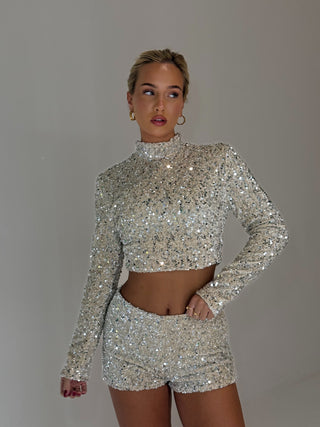 ANAIS Sequin High Neck Crop Top & Short Co-Ord In Champagne