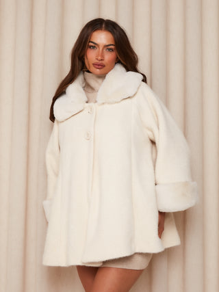 CASSIE Faux Fur Collared Wool Look Cape In Cream