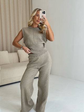 EVIE Knitted Sleeveless Top & High Waisted Wide Leg Lounge Set In Biscuit