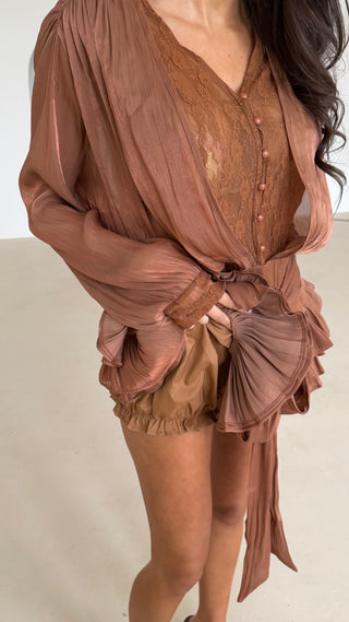 AMAYA Lace Panel Tie Waist Blouse & Bloomer Co-Ord In Bronze