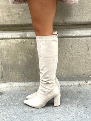 LEONA Knee High Suede Look Block Heel Boots In Beige