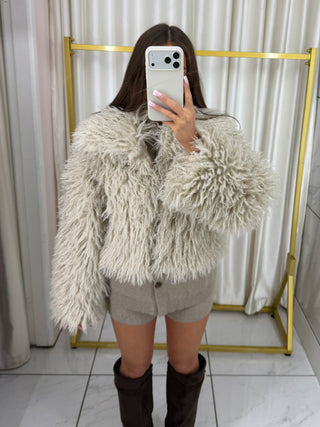 DAPHNE Cropped Faux Mongolian Collared Jacket In Biscuit