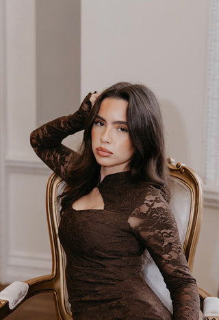 ELLIS Long Sleeved Lace High Neck Mini Dress In Espresso