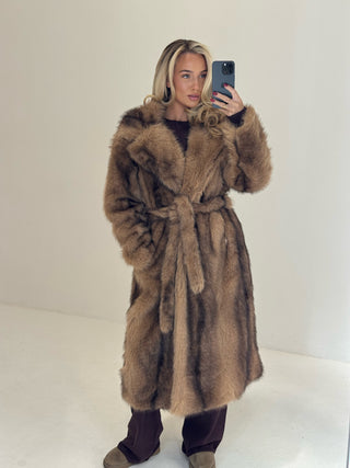 FALLON Longline Faux Fur Coat with Belt In Toffee