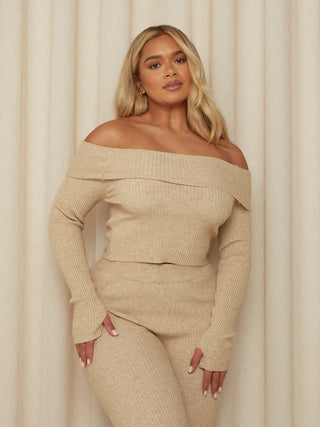 MARLEY Bardot Knitted Top & Trouser Co Ord Set in Caramel
