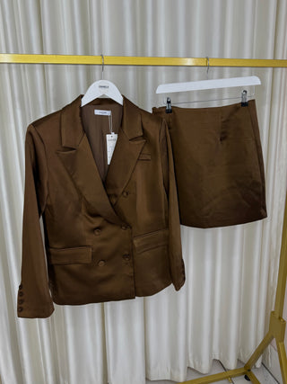 CELINA Satin Look Tailored Oversized Blazer Co-ord Chocolate