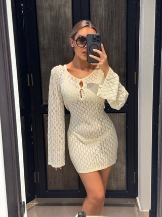 SIENNA Long Sleeved Crochet Beach Mini Dress In Beige