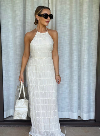 CAPRICE Chiffon Halterneck Tie Back Ruffle Maxi Dress In Beige