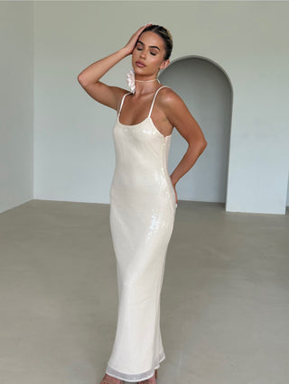 Caramella LARISSA Strappy Sequin Maxi Dress & Corsage Neck Tie In Pearl