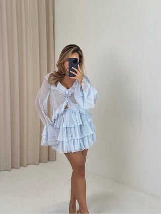 AMAYA Chiffon Long Sleeved Ruffle Top & Skirt Co-Ord In Pale Blue