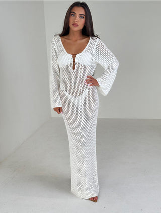 SOLSTICE Long Sleeved Crochet Beach Maxi Dress In White