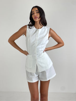 GRACE Tailored Button Up Waistcoat & Shorts Co-Ord In White