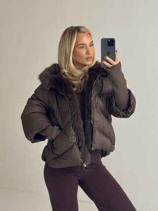 ALASKA Long Sleeved Puffa Jacket Faux Fur Hood In Chocolate