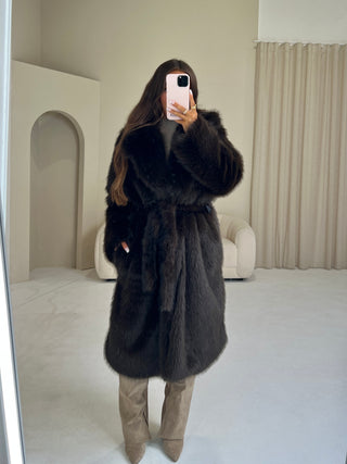 TEDDY Faux Fur Long Sleeved Tie Belt Coat In Chocolate