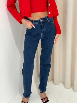 HARLOW High Waisted Straight Leg Jeans In Dark Blue