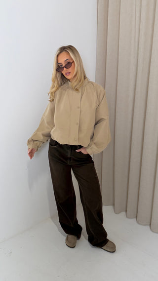 BLAKE Long Sleeved Button Up Drawstring Jacket In Soft Stone