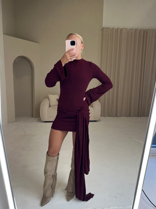 EDEN Long Sleeved Drape Mini Dress In Burgundy