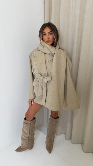 Caramella ODETTE Micro Herringbone Tweed Long Sleeved Tailored Jacket & Scarf In Biscuit