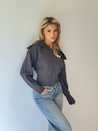 LULA Knitted Zip Up Long Sleeved Jumper In Grey