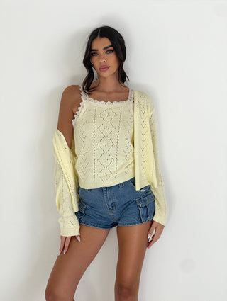 CALLIE Pointelle Knit Long Sleeved Cardigan & Vest Top In Lemon