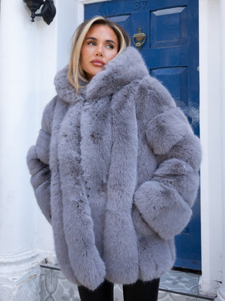 DIORA Faux Fur Long Sleeved Hooded Coat In Grey