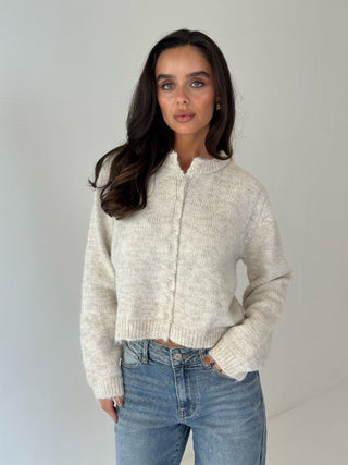 CERYS Knitted Long Sleeved Button Up Cardigan In Oatmeal