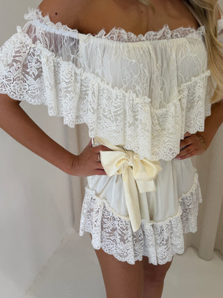 CAMILA Bardot Lace Detail Satin Belted Playsuit In Vanilla Cream