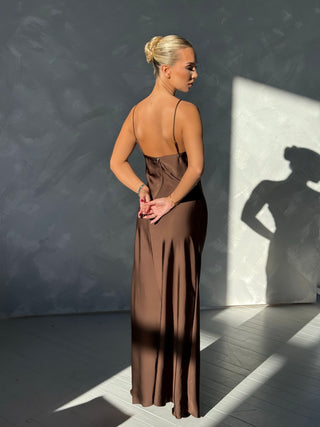 PEARL Satin Plunged Neckline Maxi Dress In Chocolate