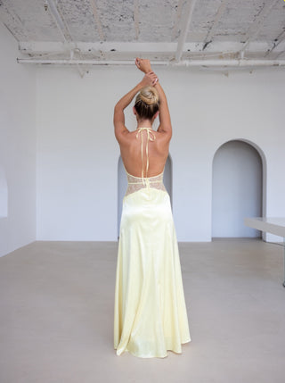 Caramella LORENA Lace Detail Satin Backless Maxi Dress In Lemon