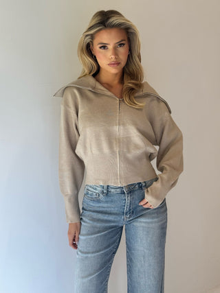 LULA Knitted Zip Up Long Sleeved Jumper In Oat