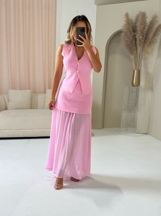 MARGOT Knit Button Waistcoat & Sheer Maxi Skirt Co-Ord In Sweet Pink