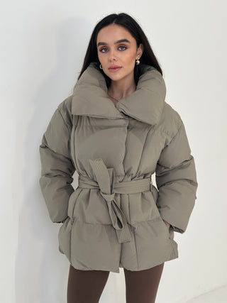 ALPINE Short Padded Tie Waist Duvet Coat In Sage Green