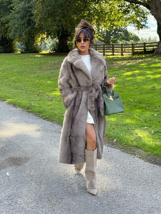 FALLON Longline Faux Fur Coat with Belt in Mink