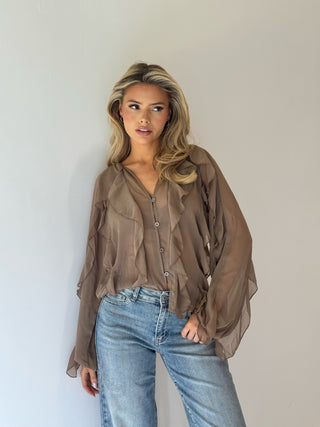 CECILY Long Sleeved Button Up Frill Detail Blouse In Biscotti