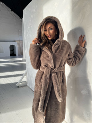WILLOW Long Sleeved Faux Fur Hooded Long Belted Coat In Mink