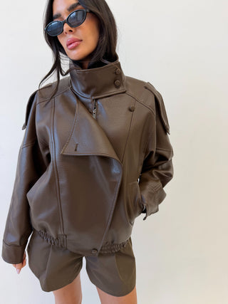 IMANI Oversized PU Leather Funnel Neck Jacket In Cocoa