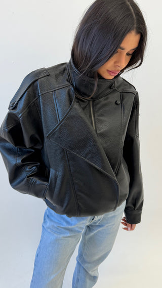 PRE ORDER IMANI Oversized PU Leather Funnel Neck Jacket In Black