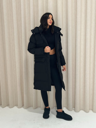 LEILA Hooded Duvet Coat in Black