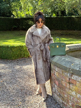 FALLON Longline Faux Fur Coat with Belt in Mink