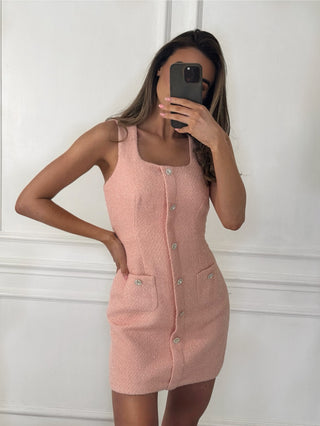 AUDREY Tweed Tailored Sqaure Neck Mini Dress In Baby Pink