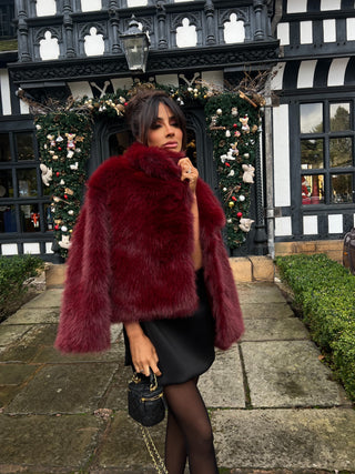 BAMBIE Faux Fur Long Sleeved Jacket In Burgundy