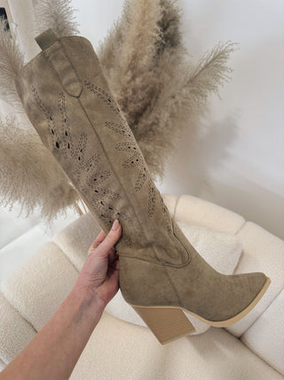 ARIA Knee Cowboy Knee Suede Heeled Boots In Taupe